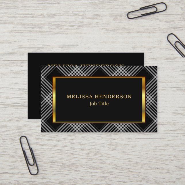 Carte De Visite Motif checkered d'or de noir élégant moderne de (Devant/Arrière en situation)