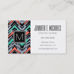 Carte De Visite Motif Chevron Grise, Turquoise Et Corail