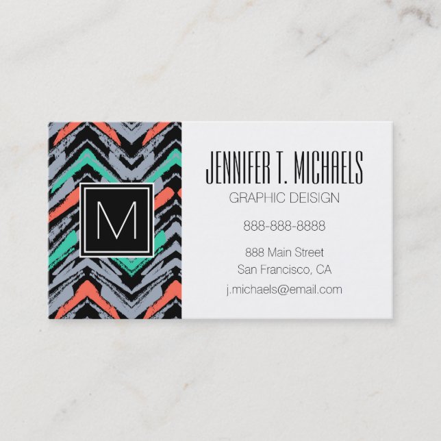 Carte De Visite Motif Chevron Grise, Turquoise Et Corail (Devant)