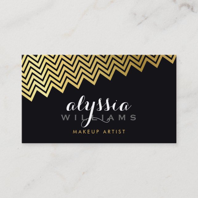 Carte De Visite Motif de chevron glamour brillant feuille or noir (Devant)