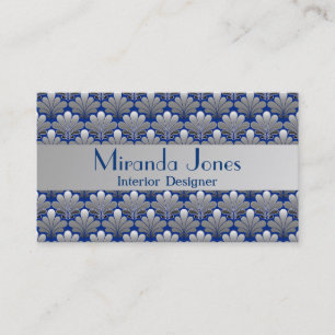 Carte De Visite Motif de coquille Art Déco, Argent et Cobalt Blue 