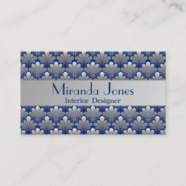 Carte De Visite Motif de coquille Art Déco, Argent et Cobalt Blue  (Devant)
