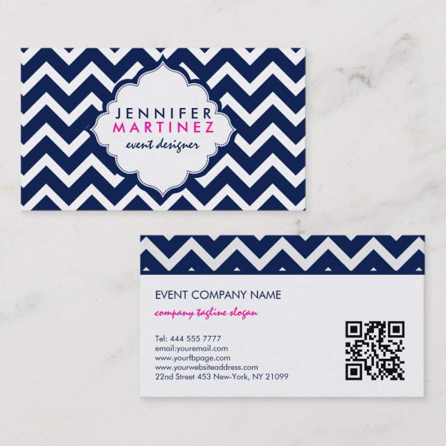 Carte De Visite Motif de la marine bleu et blanc Chevron Zigzag (Devant / Derrière)