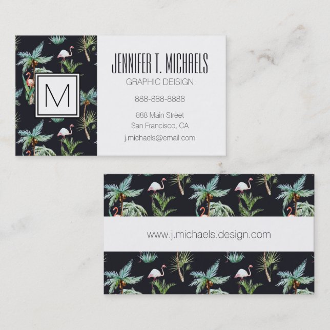 Carte De Visite Motif de palme aquarelle| Monogramme (Devant / Derrière)