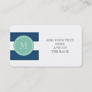 Carte De Visite Motif de rayures de bleu marine, monogramme vert