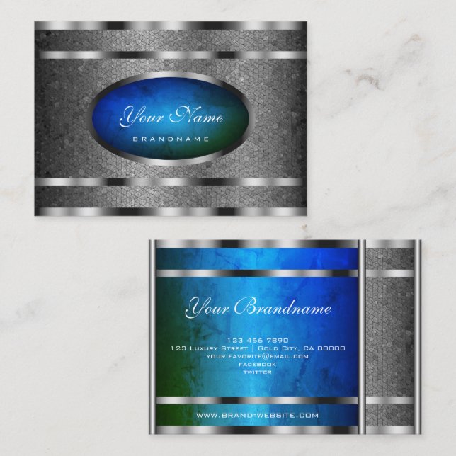 Carte De Visite Motif flashy Silver avec marbre bleu vert (Devant / Derrière)
