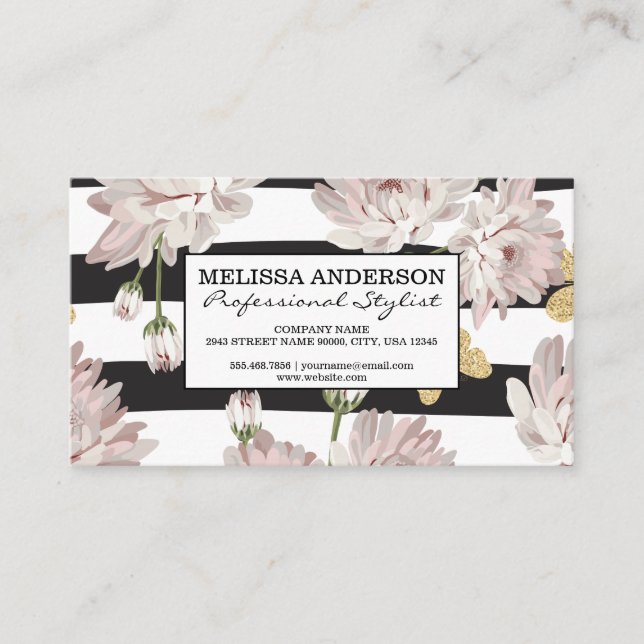 Carte De Visite Motif floral avec papillons scintillants (Devant)