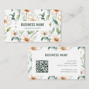 Carte De Visite Motif floral blanc Code QR de verdure verte