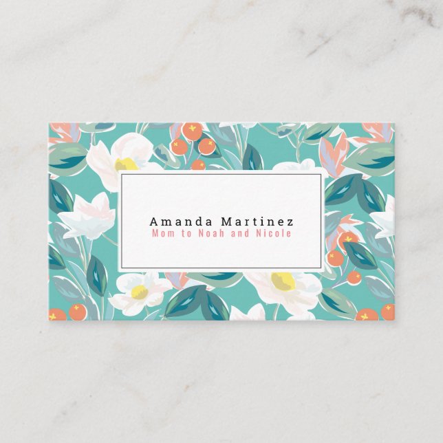Carte De Visite Motif Floral blanc Lumière maman Turquoise (Devant)