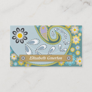 Carte De Visite Motif floral bleu rétro, vert olive paisible