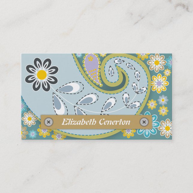 Carte De Visite Motif floral bleu rétro, vert olive paisible (Devant)