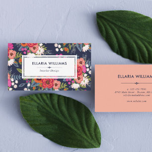 Carte De Visite Motif floral boho - bleu marine et corail