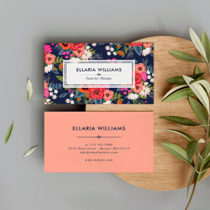 Carte De Visite Motif floral Boho - Bleu marine et corail