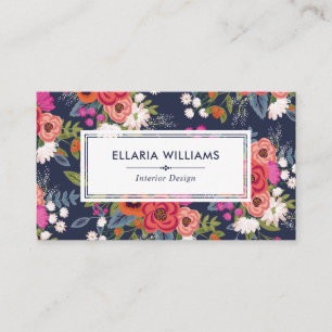Carte De Visite Motif floral de Boho - bleu marine et corail
