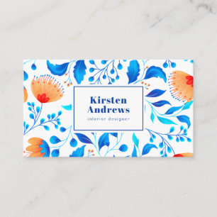 Carte De Visite Motif floral moderne boho bleu oranger fleurs