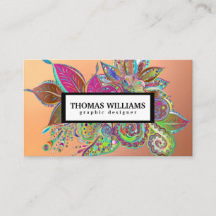 Carte De Visite Motif floral paisley aquarelle rouge bleu