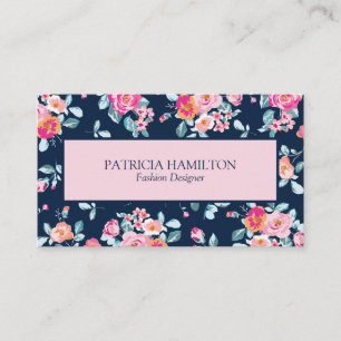 Carte De Visite Motif Floral Rose Cute Vibrant Sur Bleu Marine