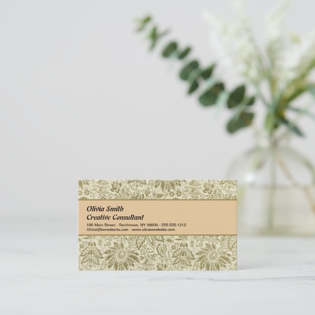 Carte De Visite Motif Floral Vert Sage Antique Damas (Debout devant)