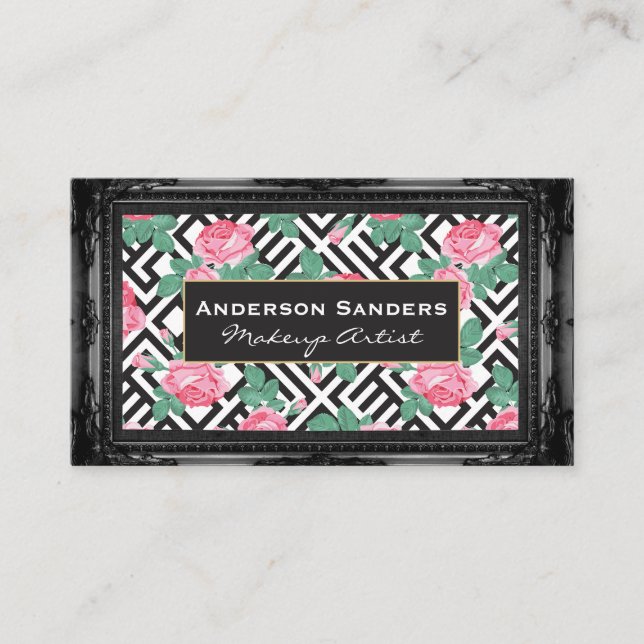 Carte De Visite Motif géométrique rose | Bordure noire antique (Devant)