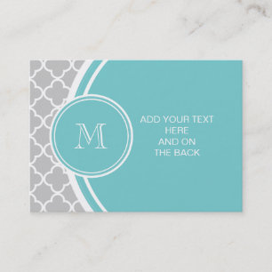 Carte De Visite Motif gris de Quatrefoil, monogramme turquoise