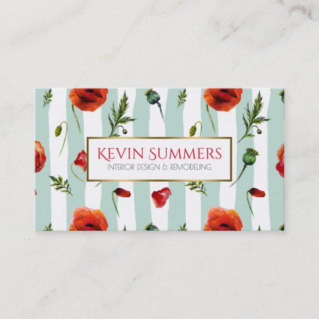 Carte De Visite Motif Light Blue Modern Stripes & Red Poppies (Devant)