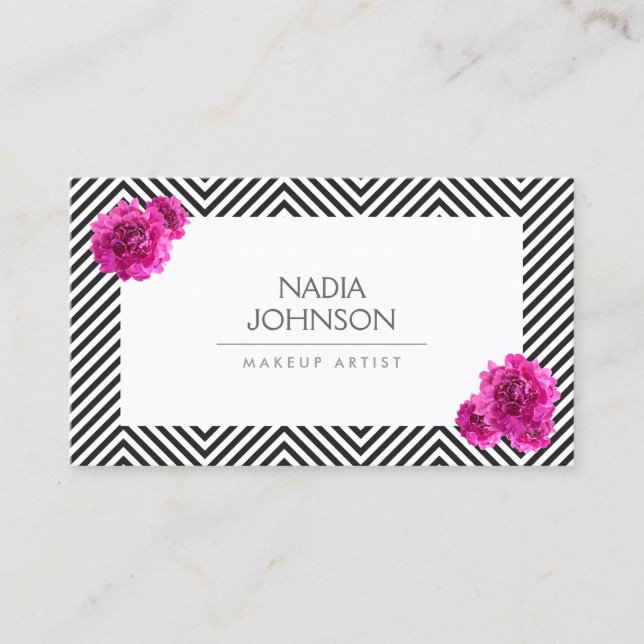 Carte De Visite Motif noir et blanc avec fleurs roses Beauté (Devant)
