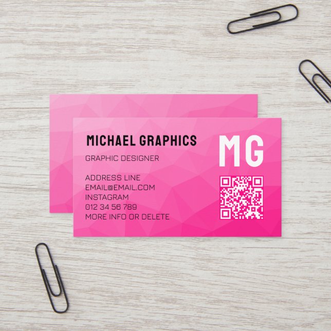 Carte De Visite Motif QR de maillage géométrique rose chaud Monogr (Devant/Arrière en situation)