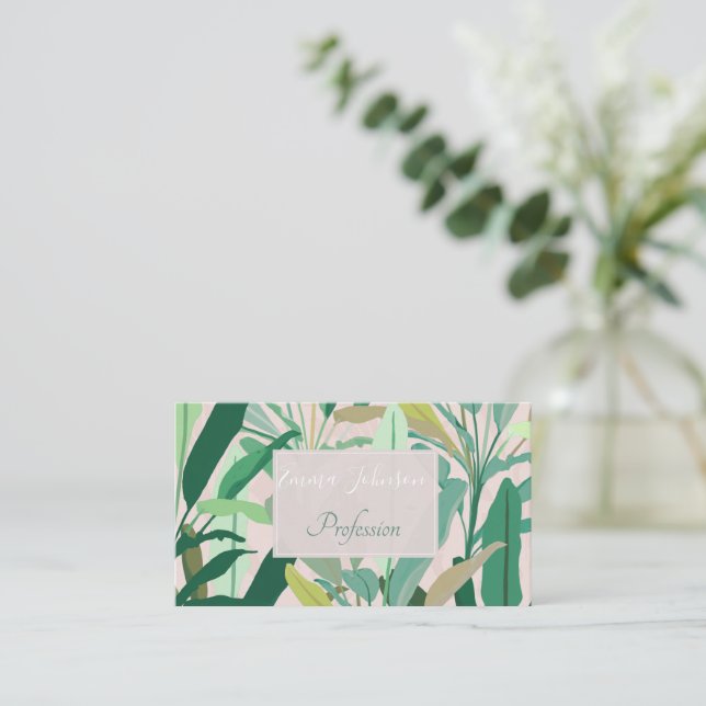 Carte De Visite Motif rose Feuille de banane verte tropicale (Debout devant)