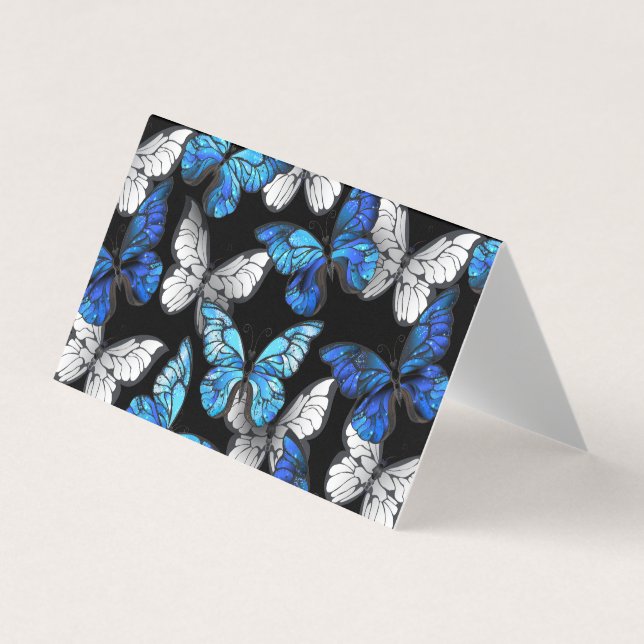 Carte De Visite Motif sans couleur foncée avec papillons bleus Mor (Devant)