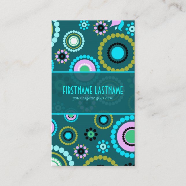 Carte De Visite Motif Vert & Rose Retro Cercle Et Fleurs (Devant)