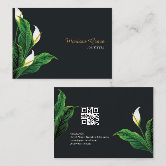 Carte De Visite Motifs naturels Floral Vert Laisser QR Code (Devant / Derrière)