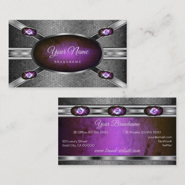 Carte De Visite Motifs opulents en marbre violet brillant argent (Devant / Derrière)