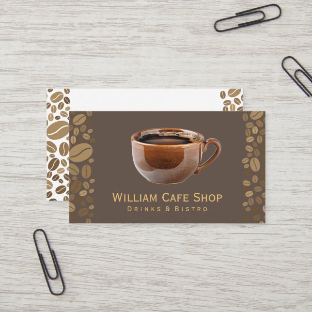 Carte De Visite Mug de café Brown | Fèves de café (Devant/Arrière en situation)