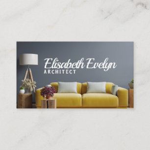 Carte De Visite Mur bleu foncé intérieur avec canapé jaune
