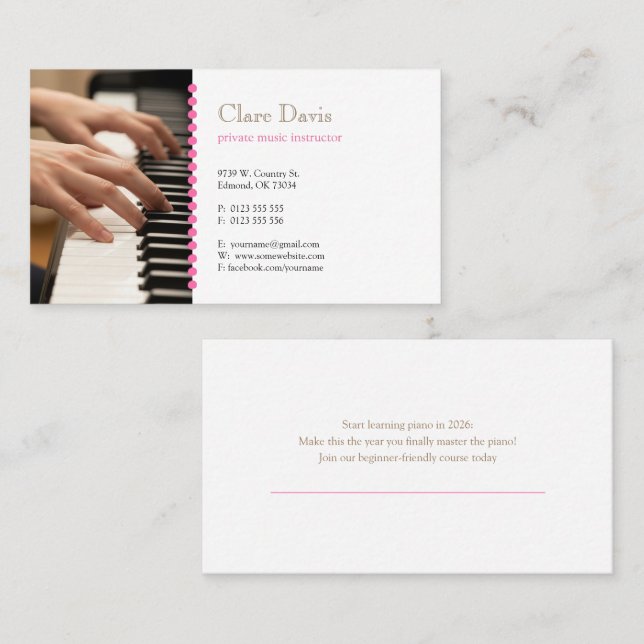 Carte De Visite Music Teacher | Pianist (Devant / Derrière)