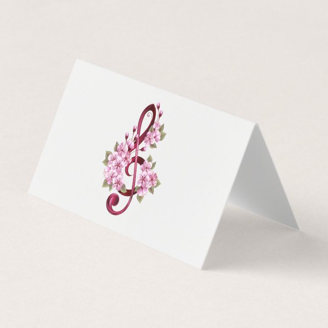 Carte De Visite Musical treble clef notes with sakura flowers (Devant)
