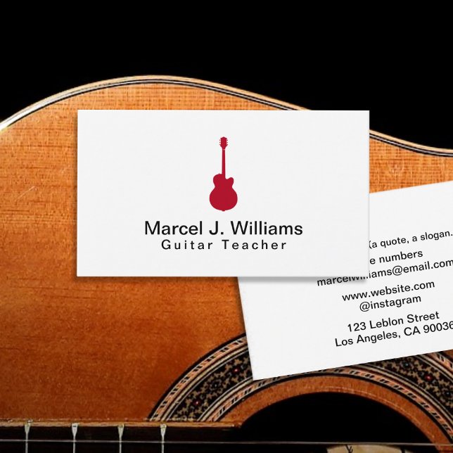 Carte De Visite Musicien Acoustique Rouge Guitare moderne Blanc (Créateur téléchargé)