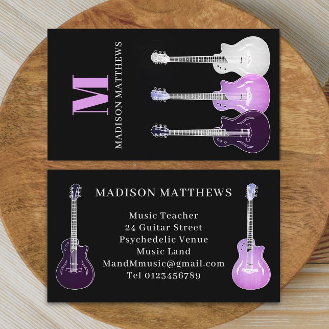 Carte De Visite Musicien de guitare professeur de musique rose noi (Simple Guitar music teacher professional musician pink and black Business card Semi acoustic art)