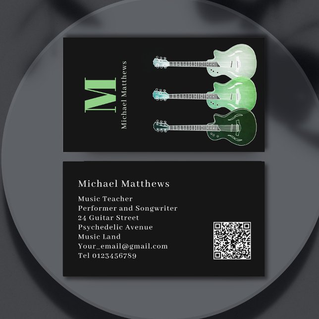 Carte De Visite Musicien professionnel Guitare personnalisé QR Cod (Modern guitar teacher musician songwriter performer business card website QR code black white green)
