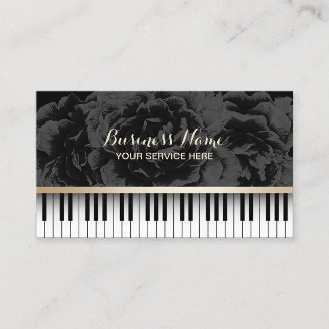Carte De Visite Musique Enseignant Piano Keys Élégant Flore foncé (Devant)