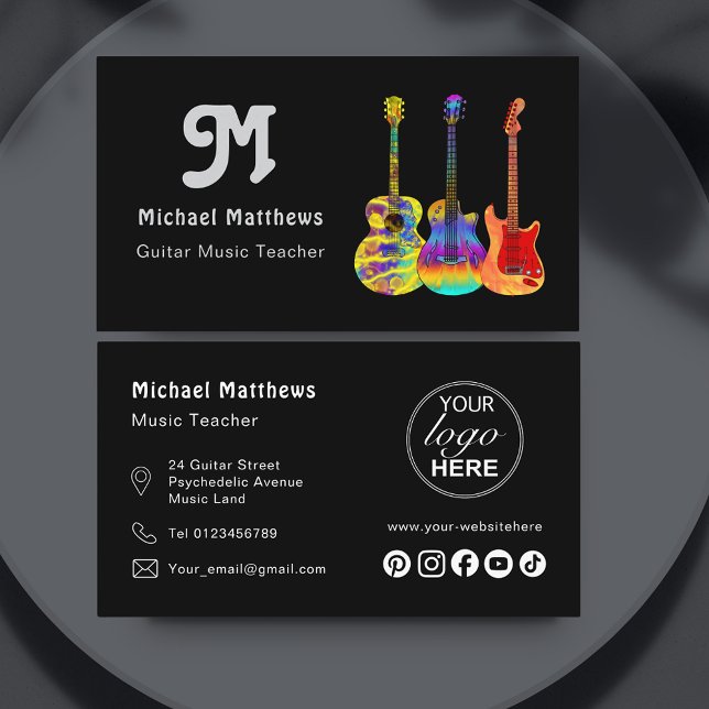 Carte De Visite Musique Guitare Enseignant Social Media Logo Perso (Retro Guitar music teacher custom social media logo business card)