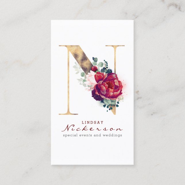 Carte De Visite N Monogramme Bourgogne Fleurs rouges et Parties sc (Devant)
