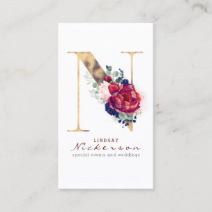 Carte De Visite N Monogramme Bourgogne Gold et Navy Blue Floral