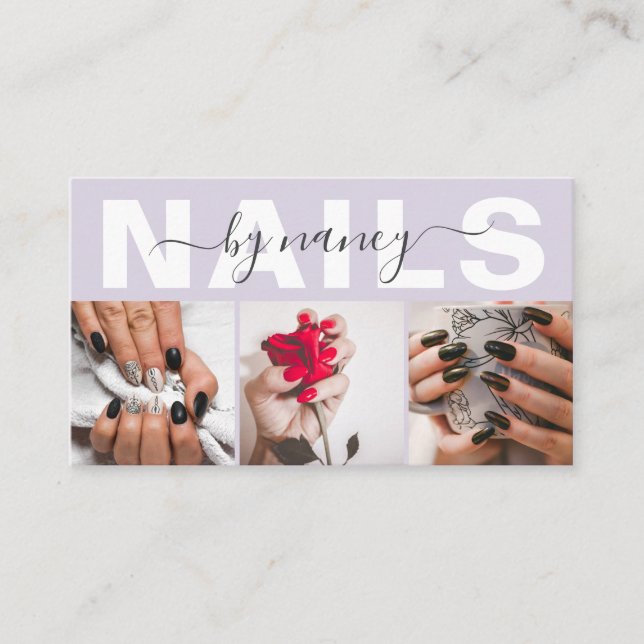 Carte De Visite Nail Artist Photo Collage Qr Code Logo Lavender (Devant)
