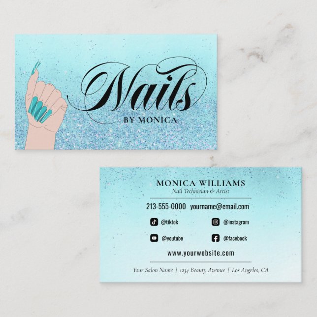Carte De Visite Nail Manicurist Tech Turquoise Parties scintillant (Devant / Derrière)
