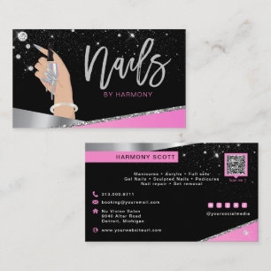 Carte De Visite Nail Tech Artiste Glam rose Silver Diamond Salon B
