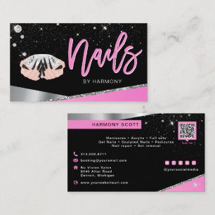 Carte De Visite Nail Tech Artiste Glam rose Silver Diamond Salon B