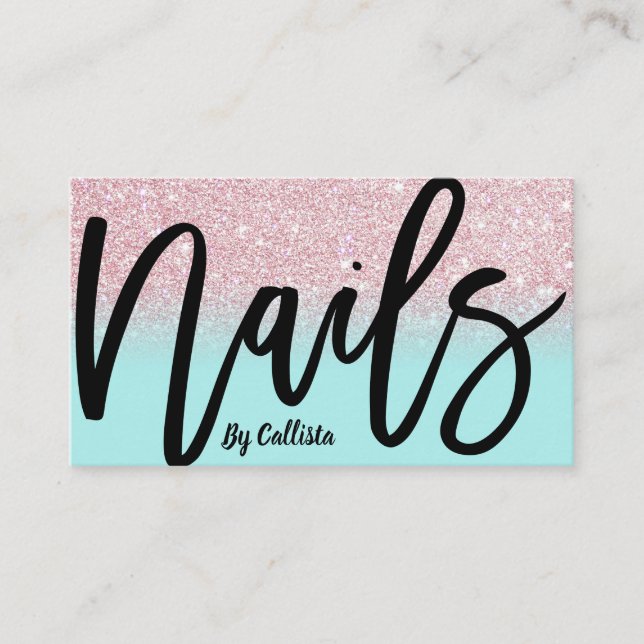 Carte De Visite Nail Tech Girly Mint Parties scintillant rose Ombr (Devant)
