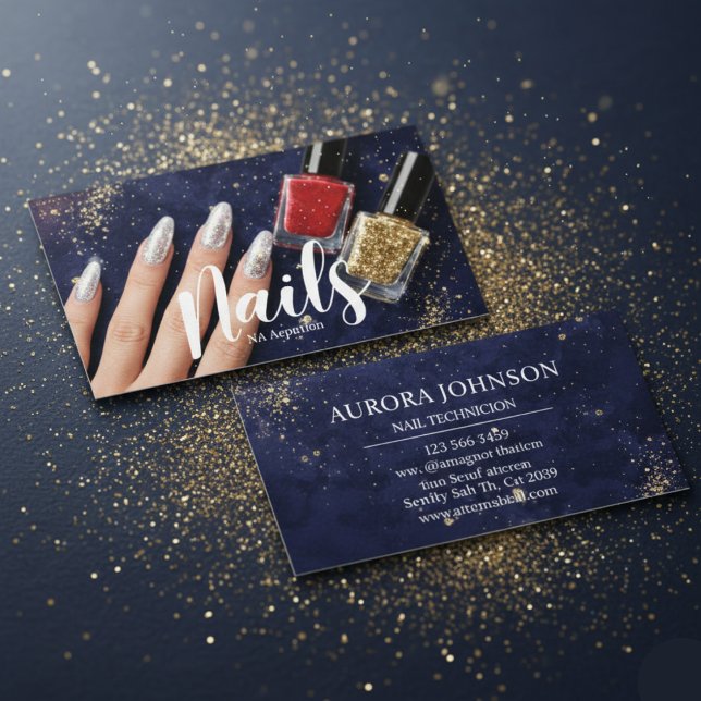 Carte de visite Nail Tech Glam Navy pailletée (Créateur téléchargé)