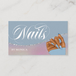 Carte De Visite Nail Tech & Salon Blue Rainbow Metallic élégant